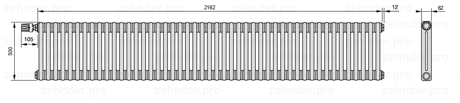 Схема (чертеж) Радиатор Zehnder Charleston 2050/47 №V011 Белый глянцевый RAL 9016